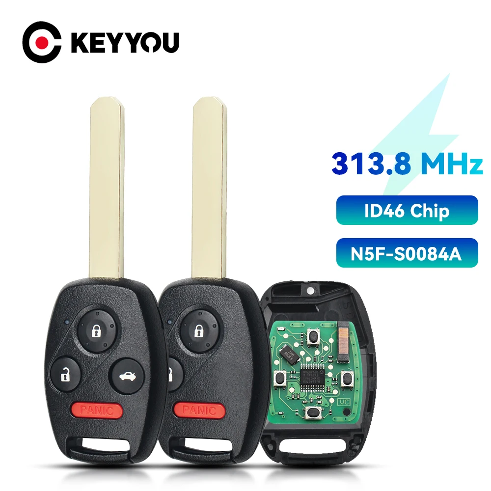 

KEYYOU для Honda 313,8 Мгц дистанционный передатчик автомобильного ключа с ID46Chip N5F-S0084A для Honda Civic с батареей 3 / 4 кнопками