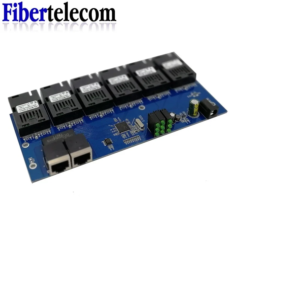 Reverse POE Switch 100M PCBA Board Fiber Optic Media Converter 2 RJ45 to 6 SC Optic Connector 3A+3B Ports 20KM Ethernet
