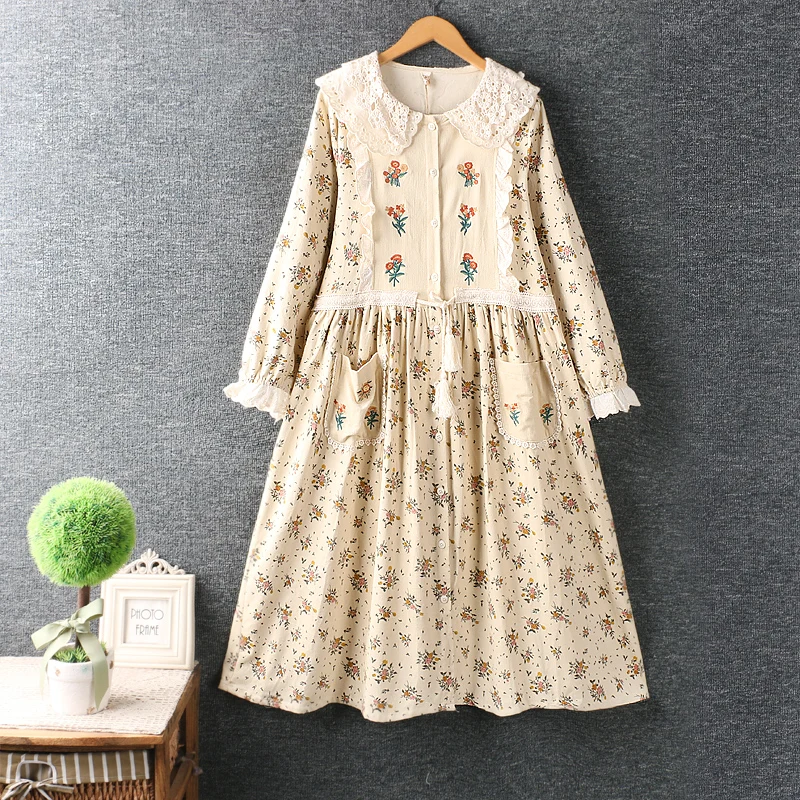 

Женское вельветовое платье с вышивкой, однобортное платье с длинным рукавом и воротником «Питер Пэн»