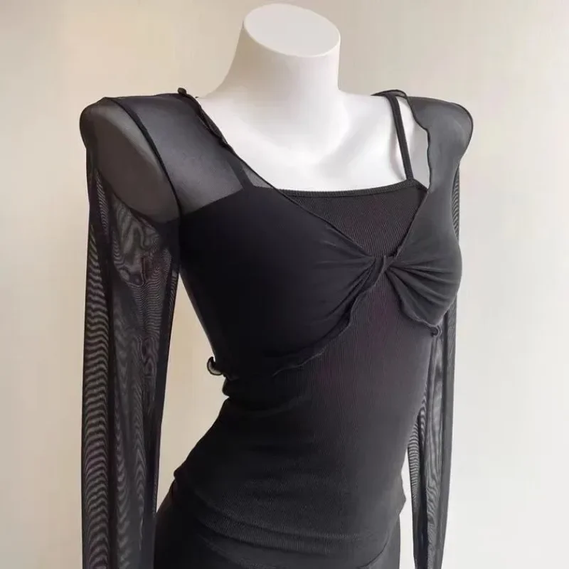 Women\'s Vintage Cardigans Lace Crop Top Sexy Mesh See Through Short Sleeve Woman T-shirts V Neck Lace Up Floral Sexy Clothes