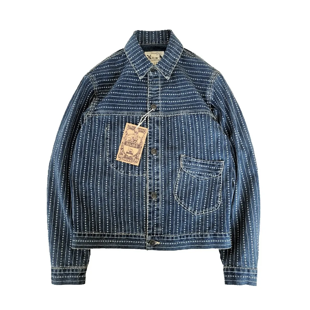 

Men's Denim Jacket Washed Blue Printed Buckle Back Spring Autumn Safari Biker Workwear Vintage Clothes