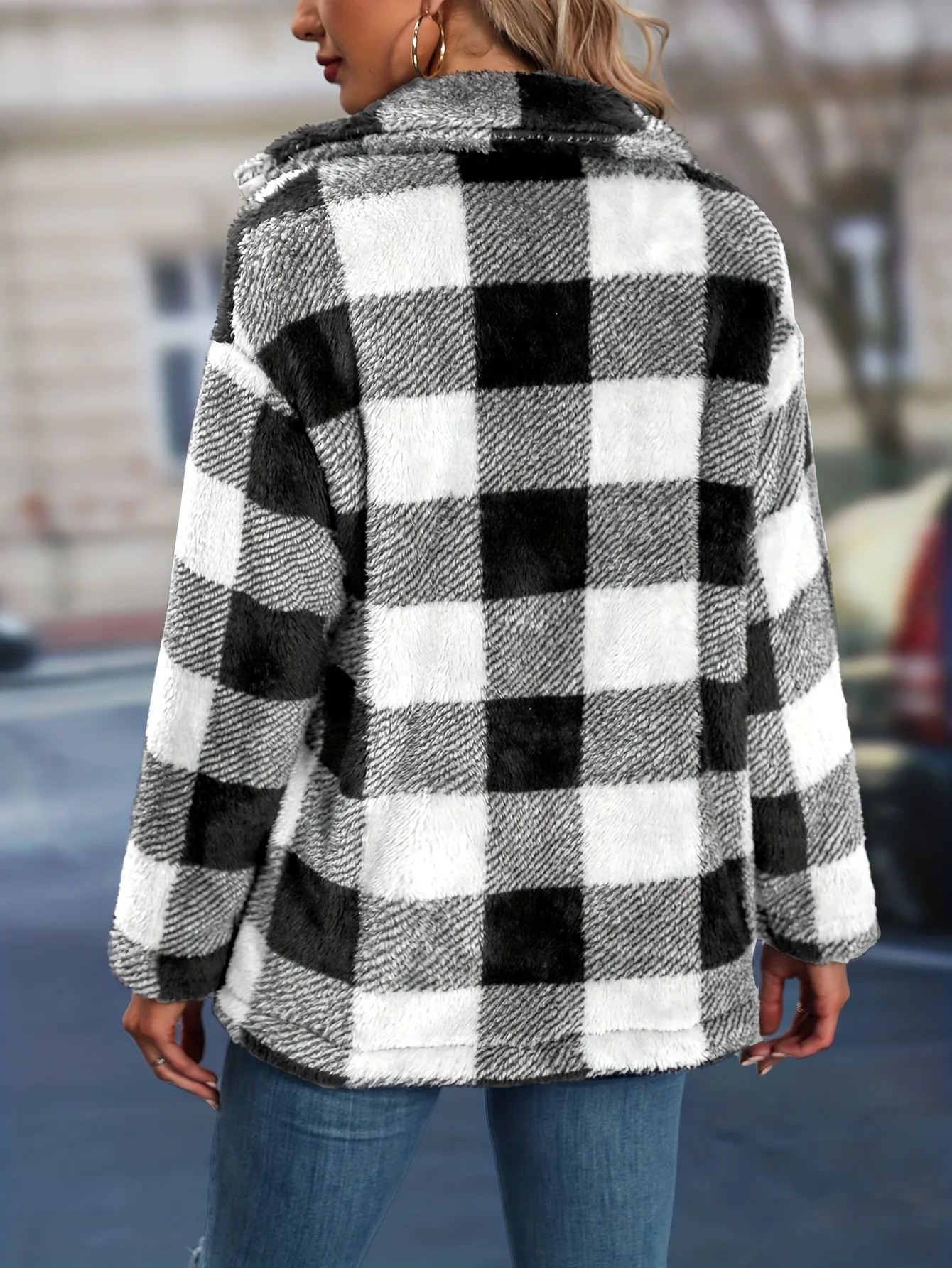 Cross border European and American autumn/winter square plaid lapel women's coat