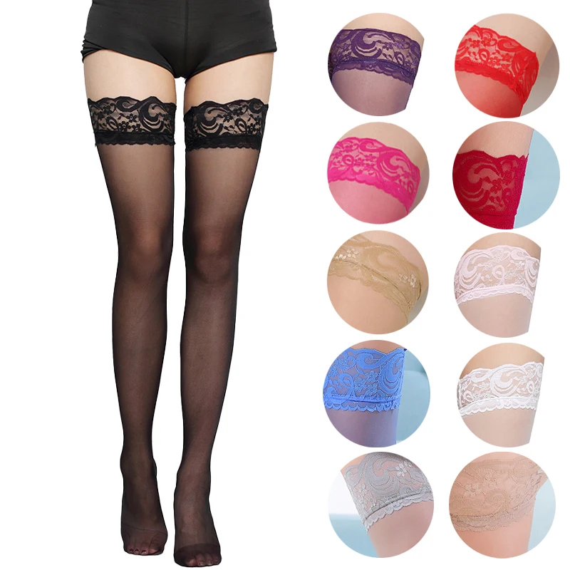 

Women's Sexy Lace Top Flat Top Thigh-high Long Stockings Colorful Lace Trim Sheer Silk Stocking Total 11 Colors S-M 150-170cm