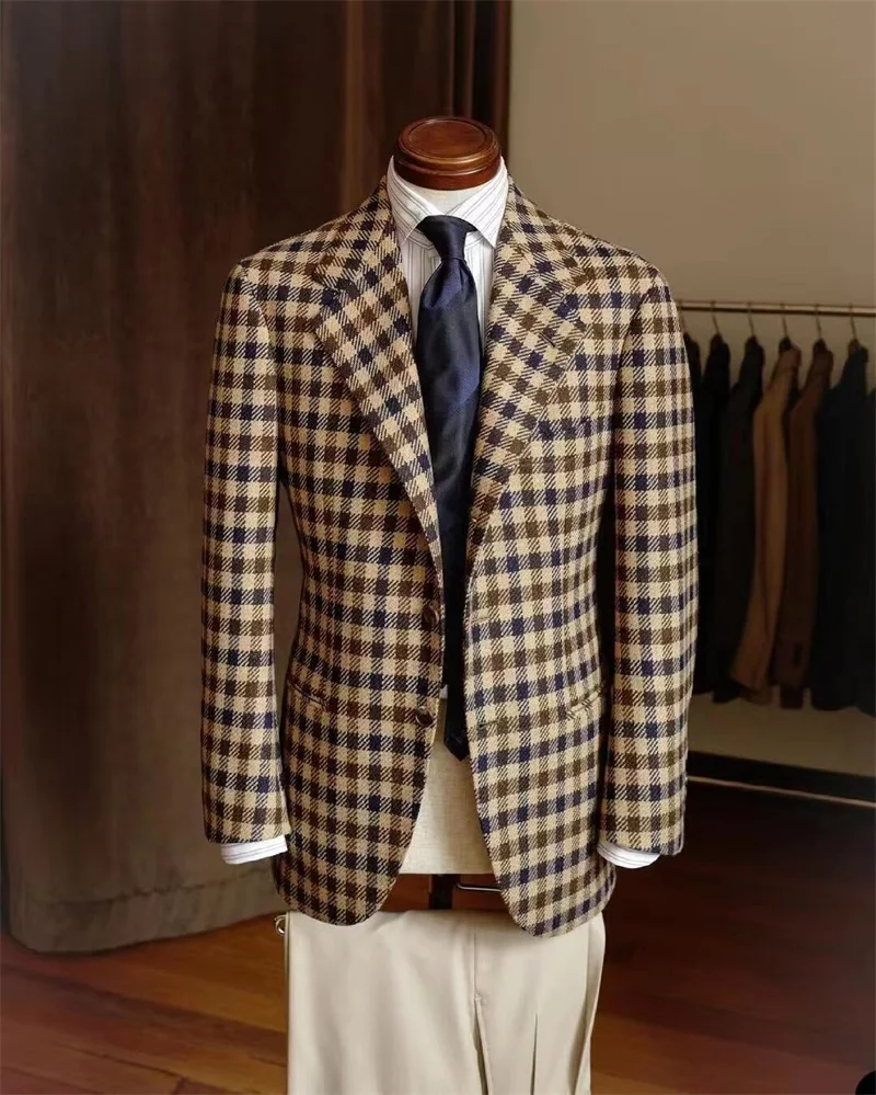 

Plaid Men Pants Suit Blazer 2 Pcs Wedding Tuxedo Formal Single Breasted Prom Party Office Business Male Jacket Coat Custom Made