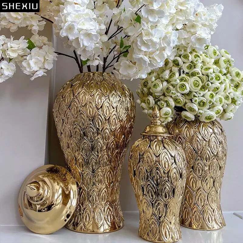 

Feather Relief Ceramic Storage Jar Vase Flower Arrangement Gold-plated General Tank Porcelain Jewelry Jars Cosmetic Containers