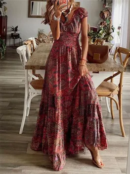 Women's Summer New Ethnic Style Printed Dress  Short-sleeved Waist Dress Fashionable Floral Petal Sleeves Large Hem A-line Dress 1