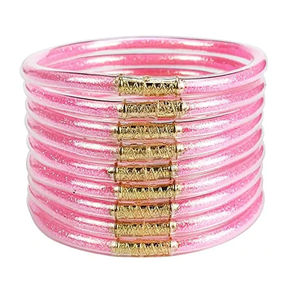 9pcssetShinyPinkJellyBraceletsGlitterFilledJellySilicone