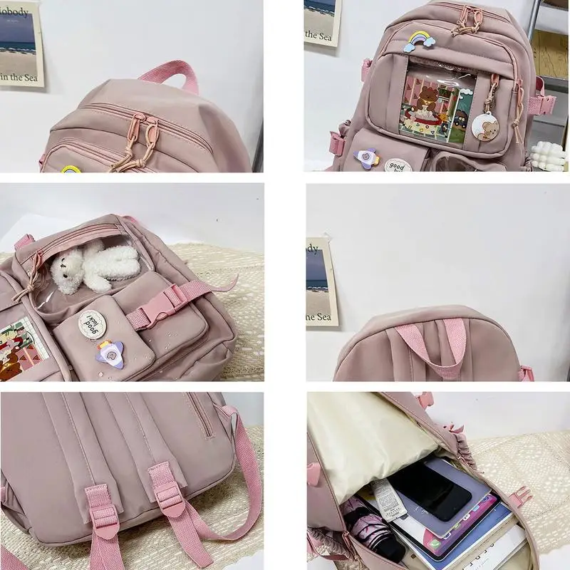 Sac à Dos d'École Kawaii pour Fille, Noir, Rose, Blanc Crème, Vert, avec Épingle et Accessoires Mignons