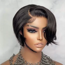 Natural Color Side Part BOB Lace Wig Pixie Cut Wigs For Women Remy Straight Human Hair Transparent T Part Gluess Lace Bob Wig