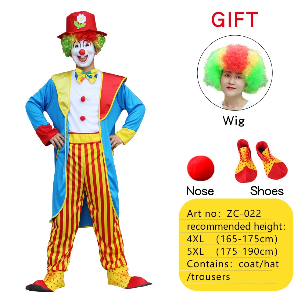Man Clowns Costume Adult Male Suit Cosplay Costumes with Wig Nose and Shoes Carnival Halloween Performance Suits 4Pcs