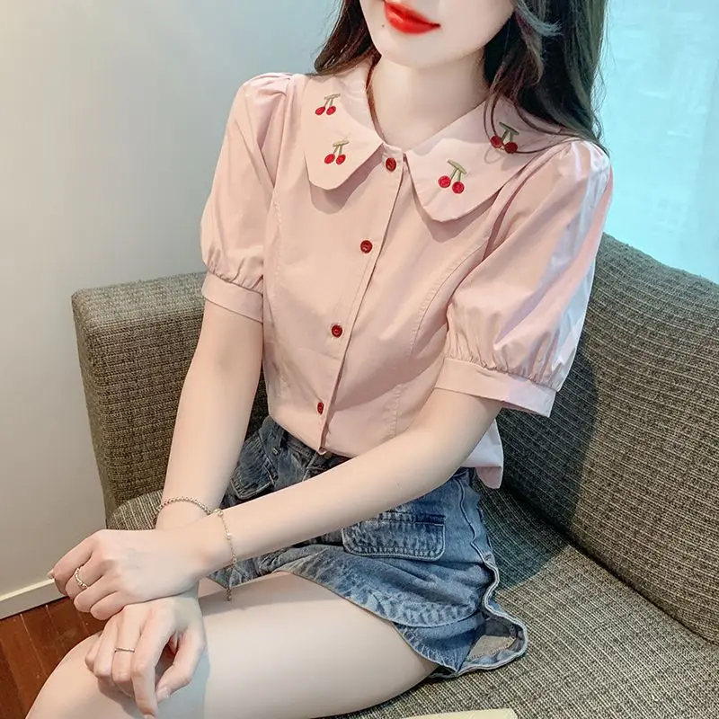 Cuteighteen Lolita Lange Mouwen Blouses Vrouwen Peter Pan Kraag Victoriaans Shirt Vintage Kant Dressy Frilly Tops Trendy Lente, Blauw, S