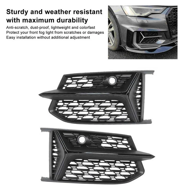 

2PCS Mesh RS6 Style Fog Light Grilles Grills Glossy Black Replacement Parts For A6 C8 S6 2019 2020
