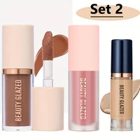 Ensemble de maquillage facial imperméable longue durée, 3 pièces/ensemble, blush + contouring + fond de teint, texture fine, couvre les imperfections, améliore les contours 4