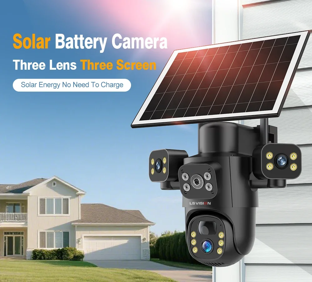 15MP 4G Solar Camera Three Screen Outdoor IP Camera 10X Digital Zoom PTZ PIR Hum