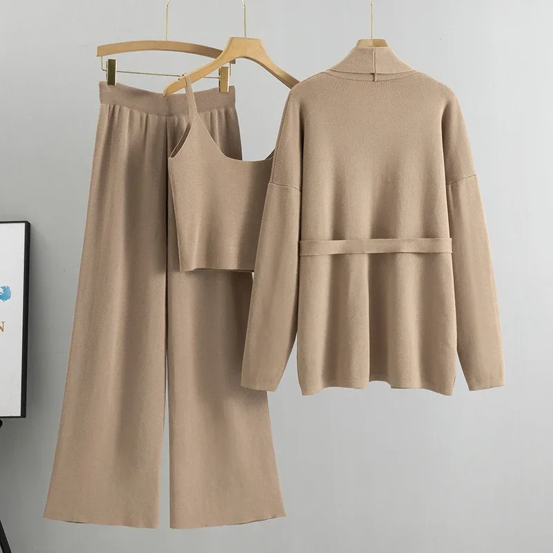 2024 New Fashion 3 Piece Set Women Sexy Vest + Long Sleeve Shawl Cardigan coat + Wide Leg Pant Women's Tracksuit Knitted Suit