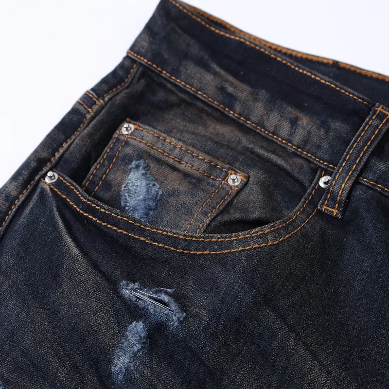 Street Fashion Men's High Quality Jeans Vintage Black Grey Elastic Slim Fit Split Jeans Men's Patch Designer Hip Hop Brand Pants