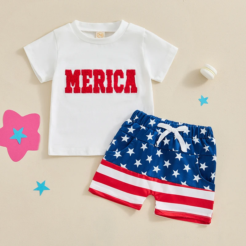 

Baby Boy 4th of July Outfits Round Neck Short Sleeve Letter Embroidery Tops Elastic Waist Striped Shorts Toddler 2 Piece Set