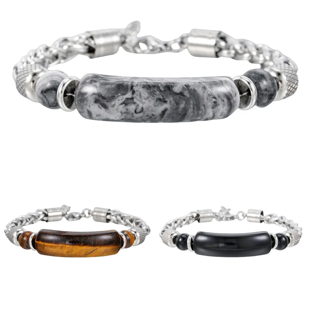 Stainless Steel Cuban Chain Bracelet for Men with Tiger Eyes Stone