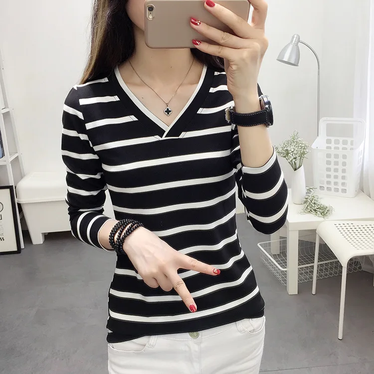 Women Striped V Neck Long Sleeve T Shirts