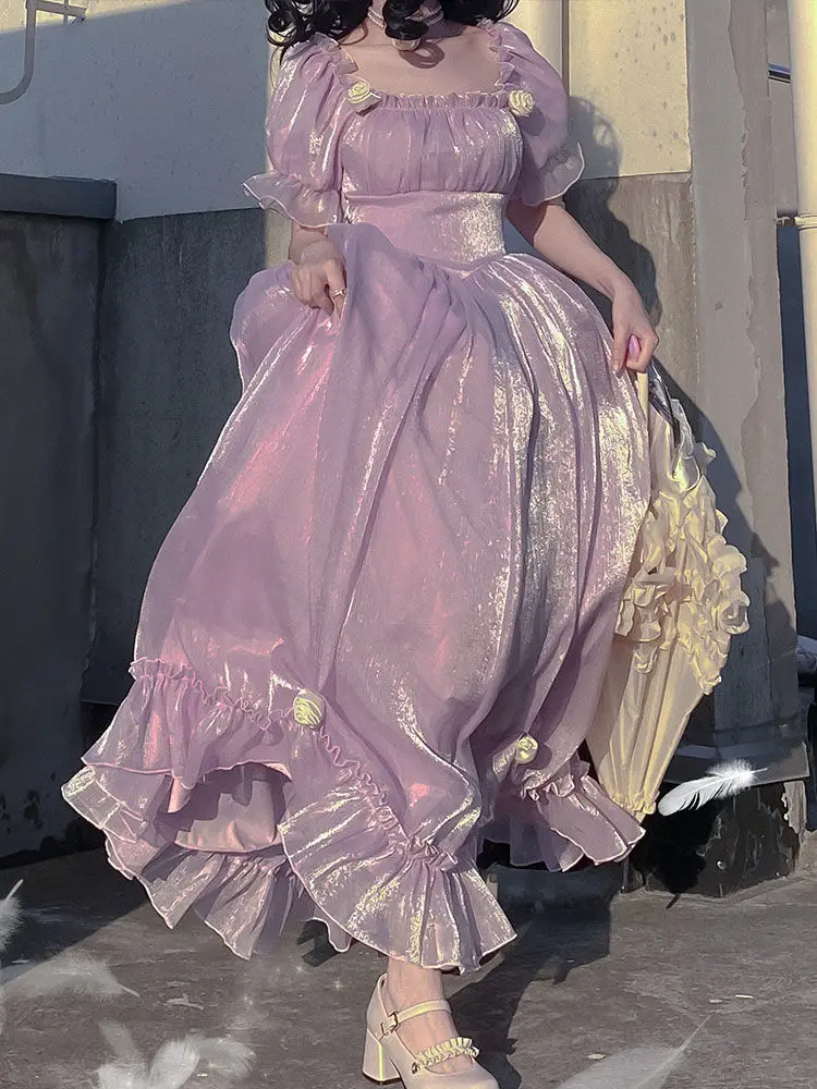 2023 French Vintage Purple Dress Summer Puff Sleeve Backless Bow A-Line Midi Dress Fashion Party Evening Palace Princess Dress