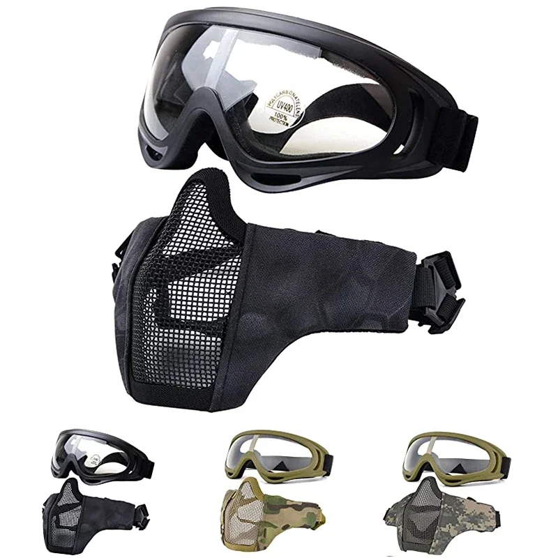 

Tactical Mask + Goggles Airsoft Military Half Face Steel Mesh and Goggles Set for Paintball CS Survival Games Cosplay