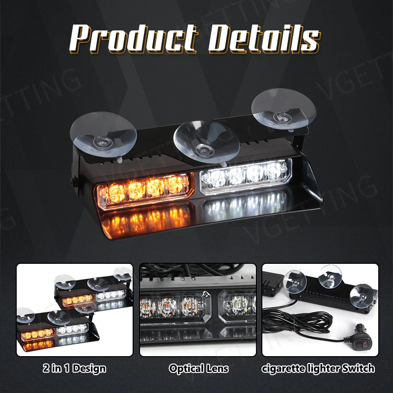 2-in-1 LED Car Strobe Lights For Emergency Flash Warning Lamp Windshield Bar 16 Beads Red Blue Amber White Auto Light Assembly