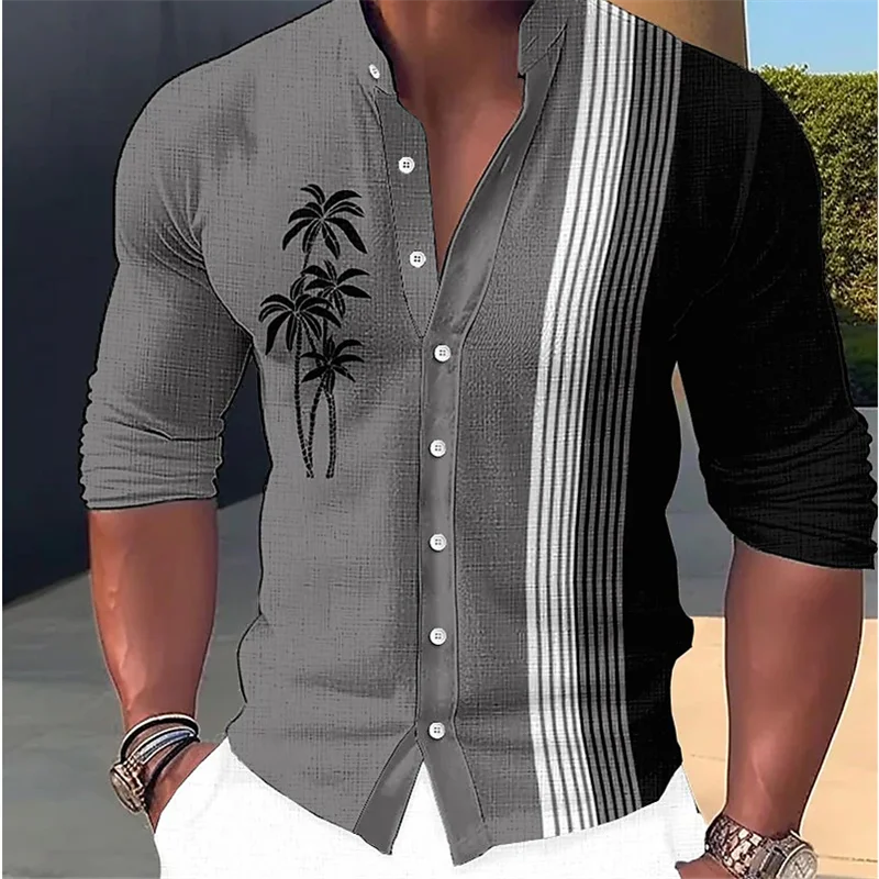 New Men's Shirt Coconut Stripe Printed Stand Collar Long Sleeve Shirt 6 Colors Outdoor Streetwear Tops Fashion Design Casual 6XL