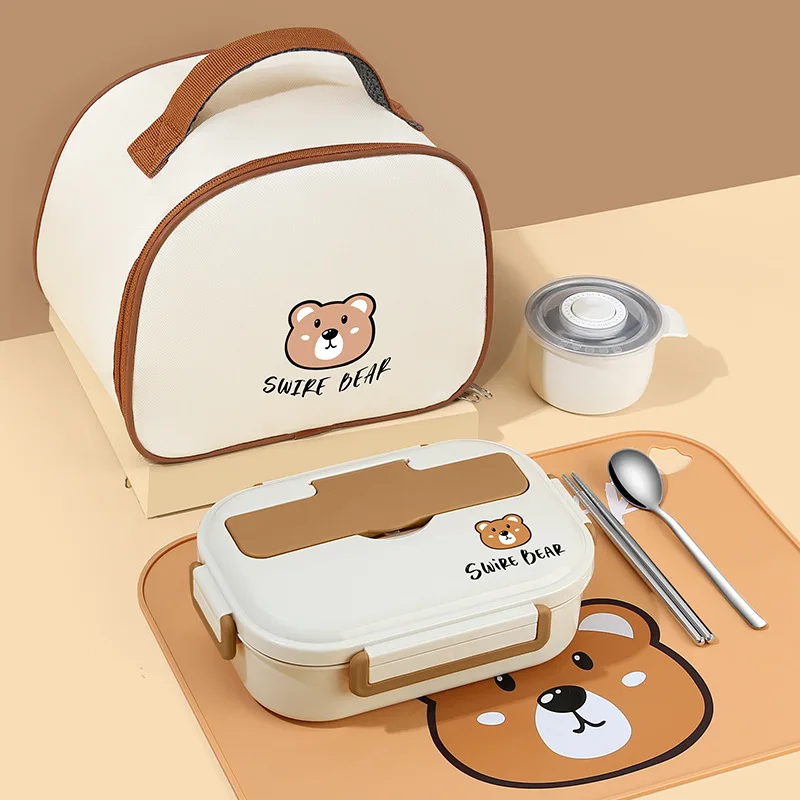 4pcs/set Cute Bear Pattern Lunch Box With Bag And Utensils, 304 Stainless  Steel Insulated Bento Box For Salad And Food Storage