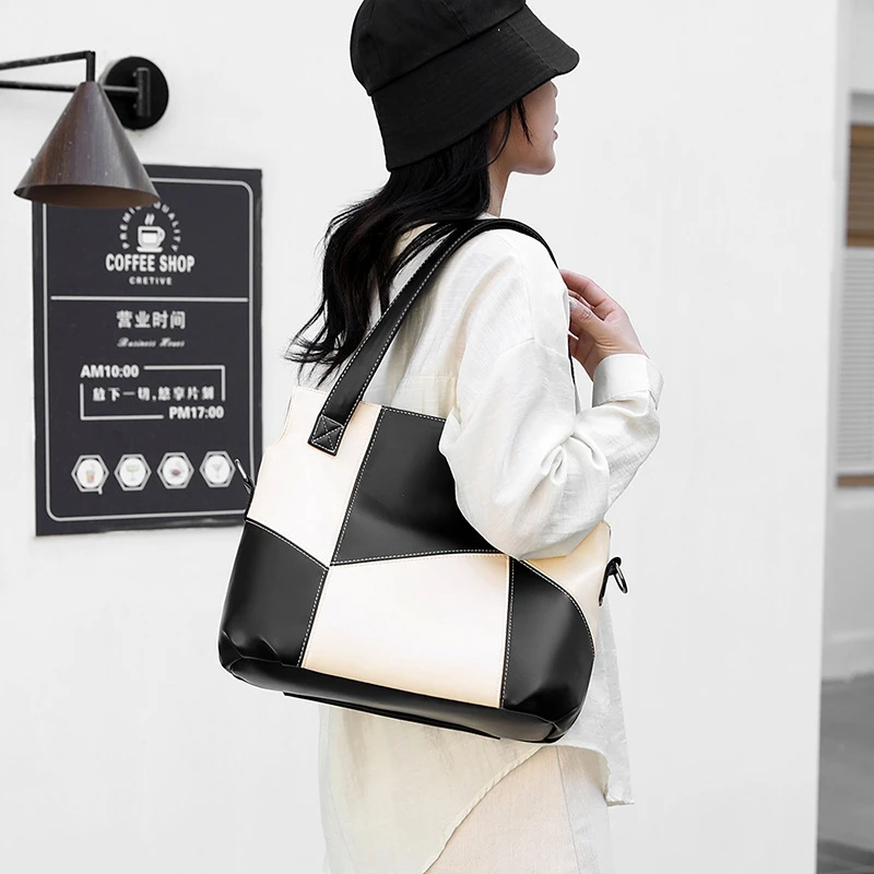 BYMONDY Women PU Leather Top Handle Bags Fashion Large Capacity Ladies Handbags Mixed Colors Geometric Shoulder Crossbody Bag