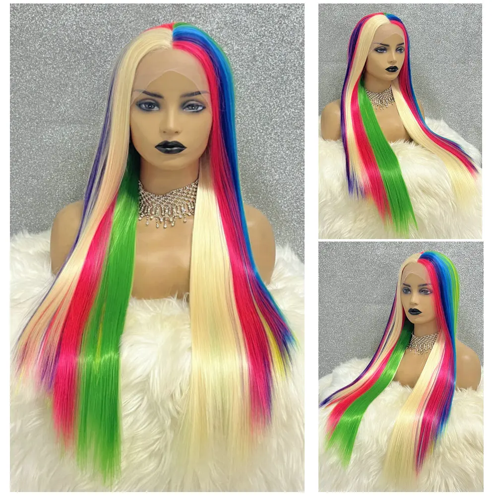 Rainbow Blonde Colored Cosplay Wig Synthetic 13x3.5 Lace Front Wig Heat Resistant Pink Long Straight Drag Queen Wigs For Women