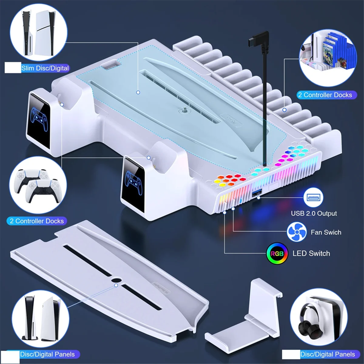 S3000 RGB Vertical Stand Cooling Station Controller Charger for PlayStation 5 Slim/PlayStation 5 Digital/Disc-ABRJ