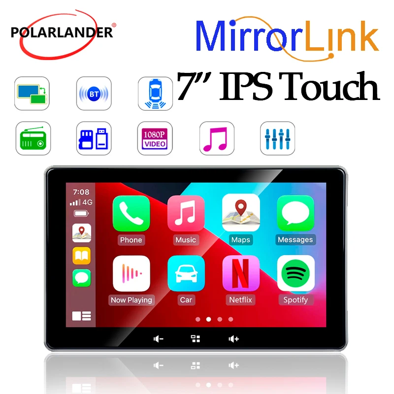 

Car Monitor Wireless MirrorLink Bluetooth 5.0 Universal Multimedia Player Stereo Receiver Android Auto/Carplay 7" Touch Screen