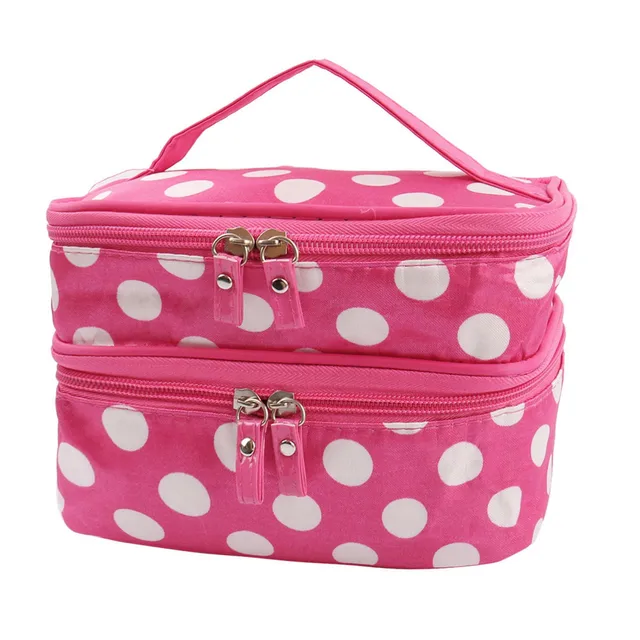 Women'S Travel Cosmetic Makeup Bag Organizer Double Layer Dot Pattern Toiletry Bag Case Pouch With Mirror For Woman