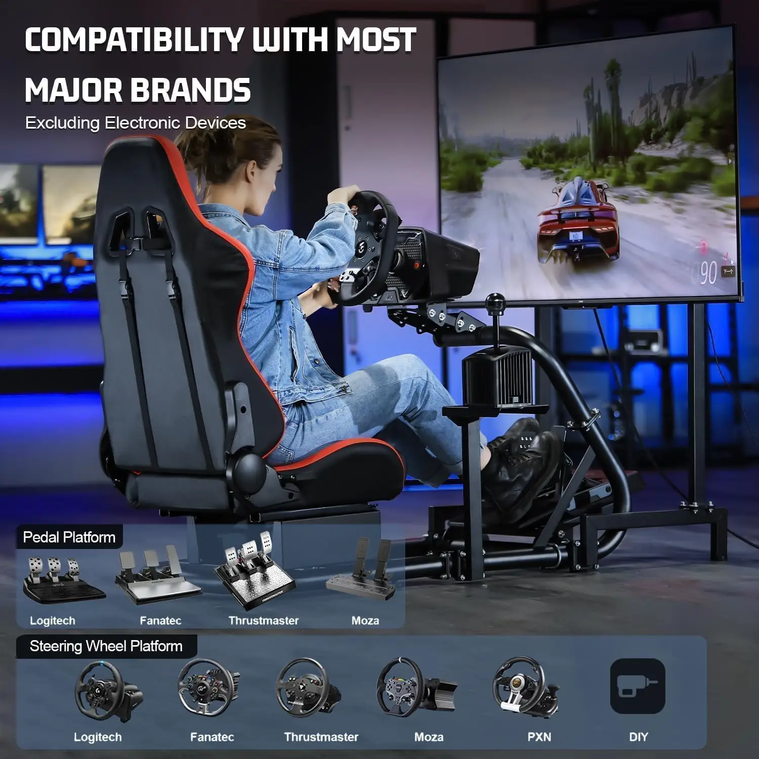 Racing Cockpit: TV Stand & Red Seat, Fits G923/G920/T500/Fanatec/T3PA/TGT, Stable Steering Wheel Stand (No Wheel/Pedals) 5