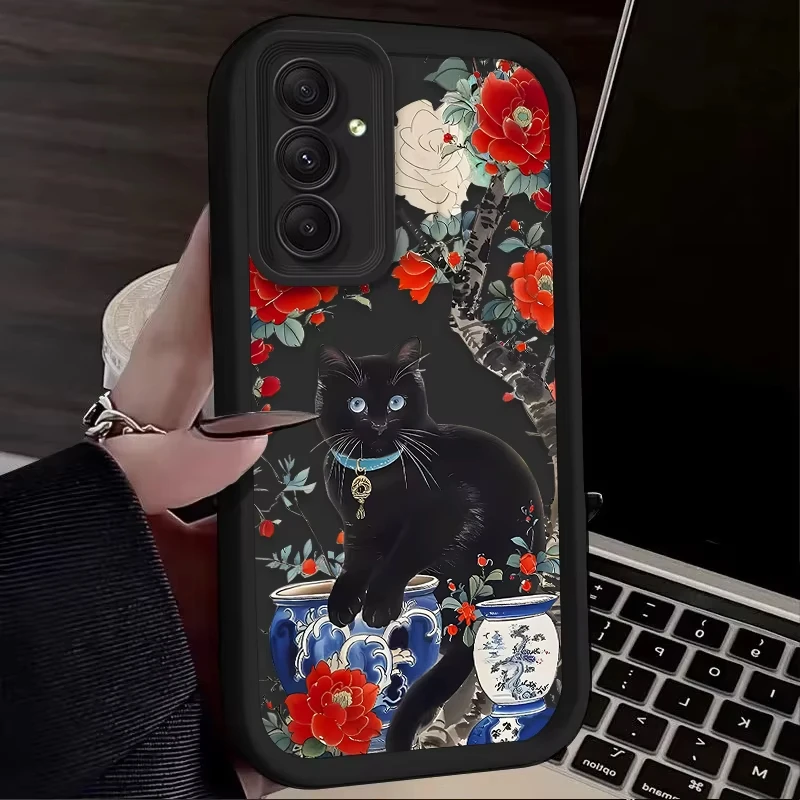 Artistic Black Cat Flower Design Phone Case