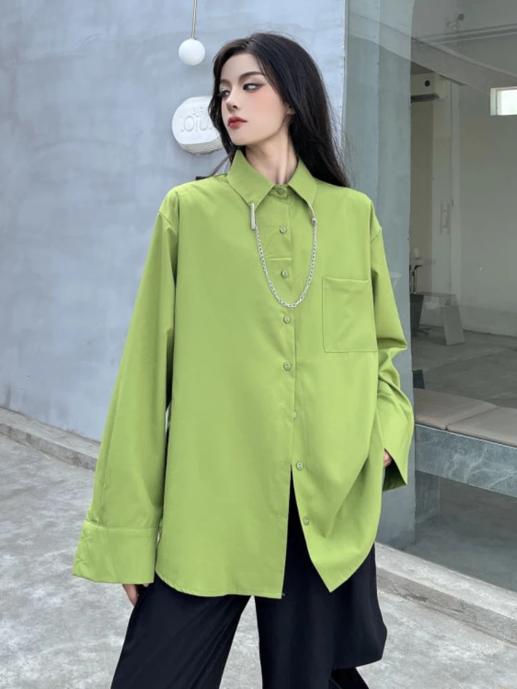 Green Long Sleeve Shirt Women Harajuke Loose Button Down Blouses with Chain Woman Tops New Spring Summer