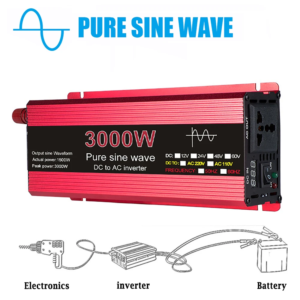 

Pure Sine Wave Power Inverter 3000/2200/1600W 12V to 220V for Home Appliances Car Voltage Transformer Over-current Protection