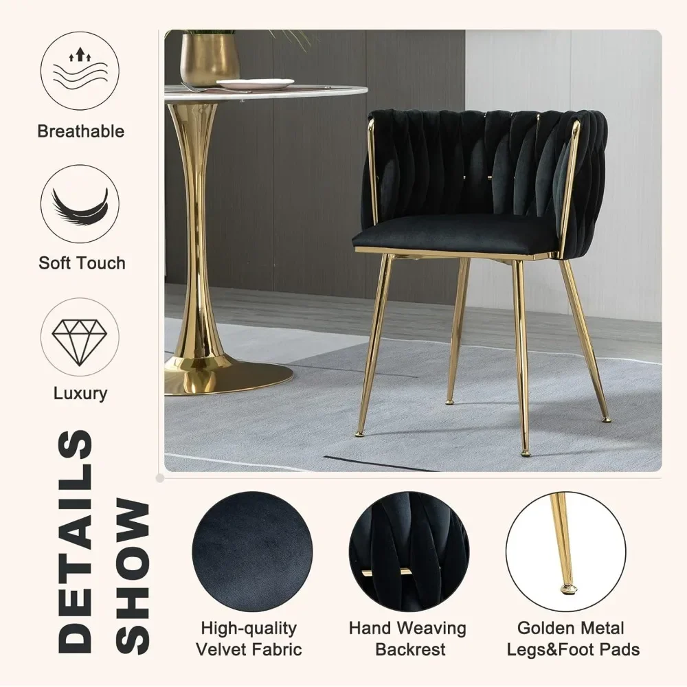 Modern Velvet Dining Chairs Hand Weaving Accent Upholstered Side Chair with Golden Metal Legs for Dining Room