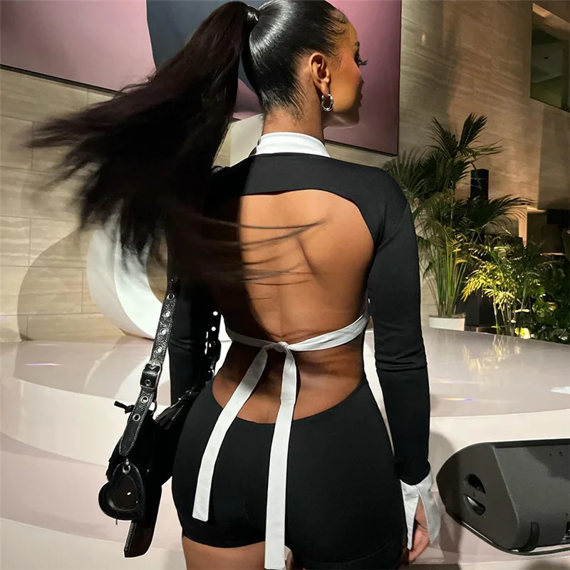 European and American Style Autumn and Winter New Women's Fashion Lapel Sexy Hollow Out Backless Contrasting Slim Fit Jumpsuit 4