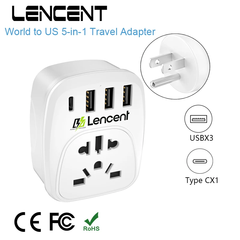 LENCENT World to US Travel Adapter with 1 AC Outlet 3 USB 1 Type C Port  Power Adapter Overload Protection 5-in-1 Wall Socket