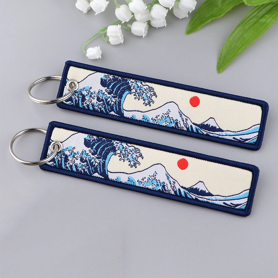 1/2pcs 일본 파도 예술 그림 자수 포브 배낭 키 태그 오토바이 키체인 키링 코스플레이 액세서리 선물