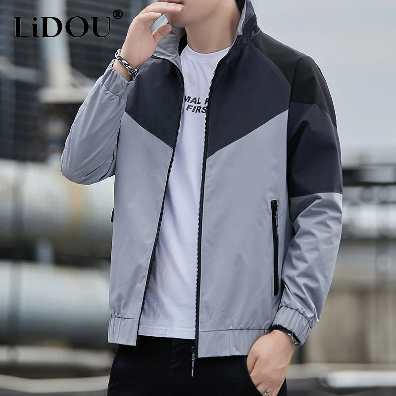 Spring Autumn Stand Collar Long Sleeve Jacket Man Zipper Contrast Color Patchwork Personality Cardigan Thin Style Out Streetwear