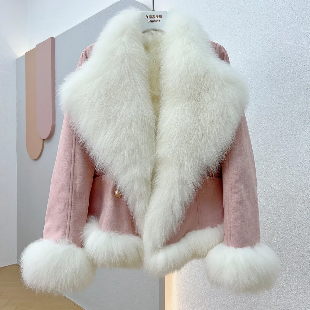 Rex Rabbit Collar Fox Fur Coat Lining Large 2023 Winter New Suede Splicing Single Button Thick Warm Slim Jackets Women‘s Clothes