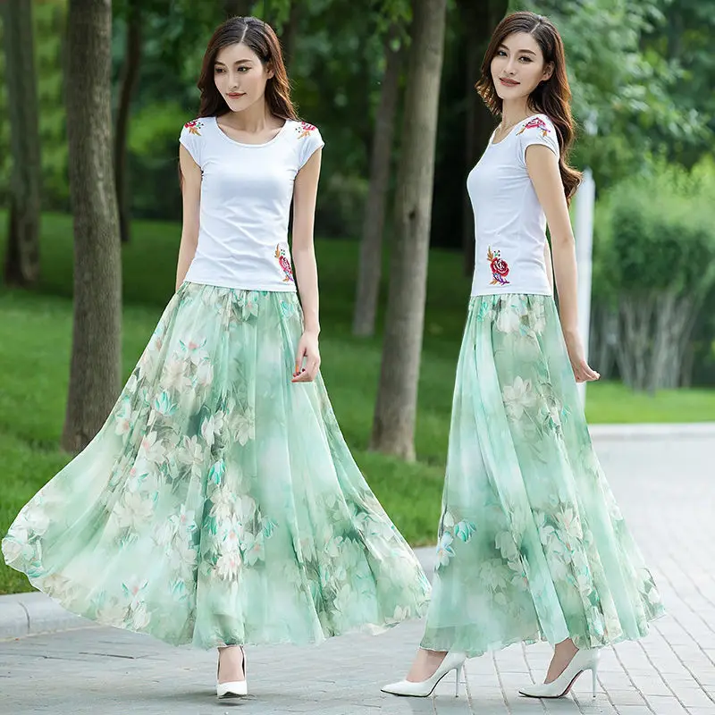 ZMZBCH Summer Autumn High Waist Skirts Womens Elastic Waist Full Long Skirt Print A-Line Mother Dance Skirts Swing Chiffon Skirt 1