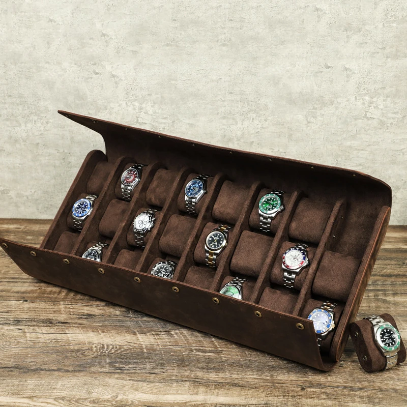 

High end Luxury 24 Slots Leather Watch Organizer Box Crazy Horse Leather Large Man Watch Storage Case Display Holder Case