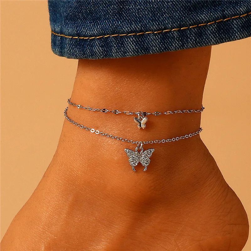 Moda Bohemia Butterfly Anklet łańcuszek z kryształów górskich łańcuszek na kostkę biżuteria dla kobiet Summer Beach Anklet Butterfly łańcuszek na bosą stopę łańcuszek na kostkę