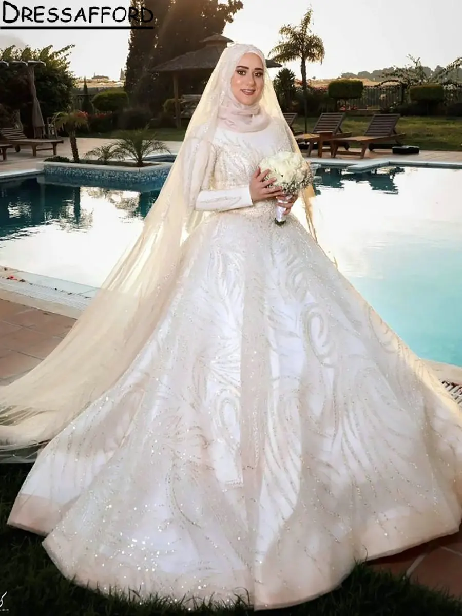 

Princess Beading Crystal Muslim Dubai Ball Gown Wedding Dresses High Neck Long Sleeve Saudi Arabic Bridal Gown