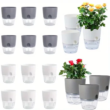 10/5Pcs Self Watering Plastic Flower Pot Double Layer Hydroponics Plants Bonsai Pot Vases Succulent Potted Home Office Decor 1