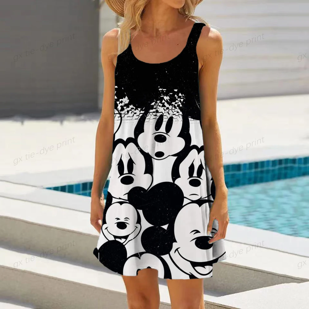 

Women Summer Spaghetti Strap O-Neck A-Line Mini Swing Dress Boho Vintage Disney Black Minnie Mickey Print Loose Beach Sundress