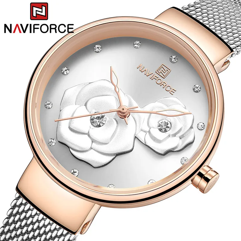 ساعة يد نسائية ماركة NAVIFORCE سوار شبكي من الفولاذ المقاوم للصدأ ، مقاومة للماء، على شكل زهرة 5013 1